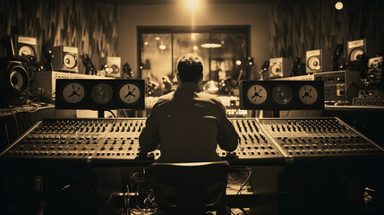 Vintage recording studio, late night session, sound engineer tweaking levels on a massive analog mixing console, vintage microphones, reel - to - reel tapes, dim ambient lighting, candles flickering, 