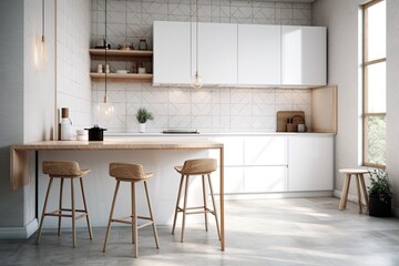 Fototapeta na wymiar Interior of a light kitchen with a cooker, tile floor, table, bar stools, and a wall of empty, white space. Scandinavian minimalism design idea. a mockup. Generative AI