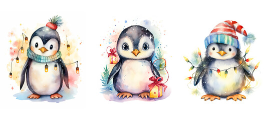 wter cute penguin in christmas lights watercolor ai generated - obrazy, fototapety, plakaty