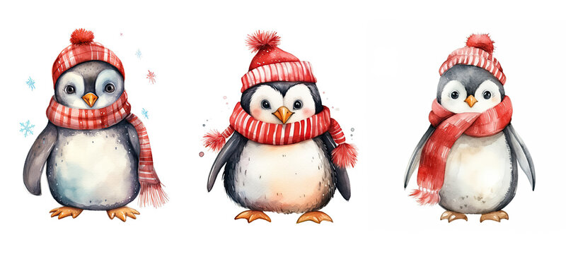 polar cute penguin in christmas cloth watercolor ai generated