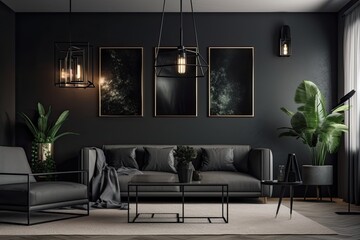 Interior of a contemporary modern dark living room with a comfortable couch, simple furnishings, and a mock up picture frame on a grey wall. Generative AI
