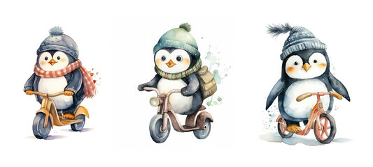 bird cute penguin on bike watercolor ai generated