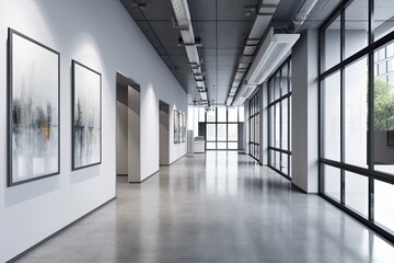 Interior of a contemporary office corridor with a mock up white billboard, glass doors, furniture, and concrete floors. Concept for architecture and design. Generative AI