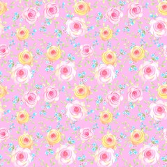 Floral seamless pattern with pink and yellow roses on a pink background, watercolor