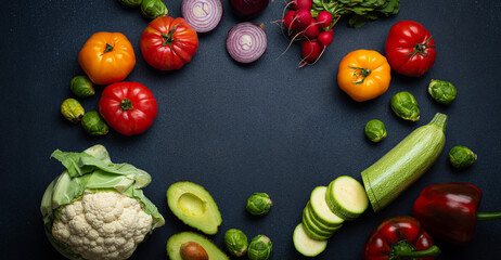 Different fresh various vegetables, cut zucchini, greenery on rustic dark background top view. Cooking vegetarian meal from healthy ingredients, diet food and nutrition concept, space for text
