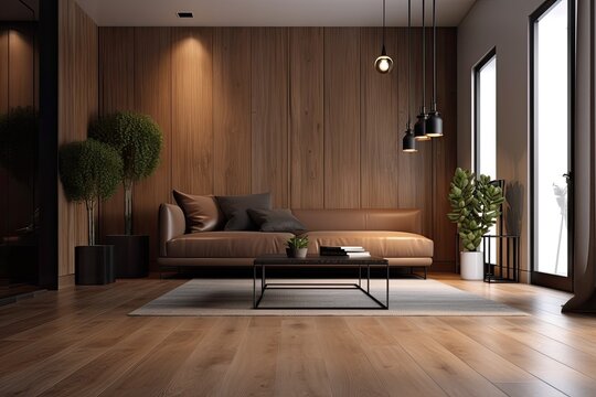 Fototapeta Interior of a minimalist living room with a brown sofa, white and dark wooden walls, and a dark hardwood floor. Generative AI