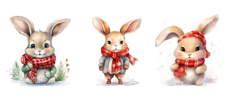 easter cute rabbit in christmas cloth watercolor ai generated