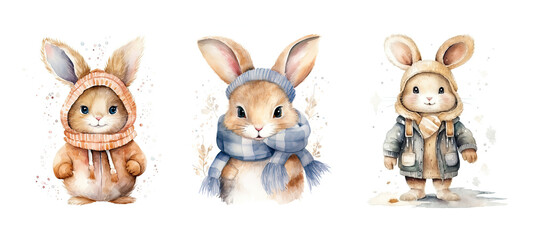 animal cute rabbit in winter cloth watercolor ai generated