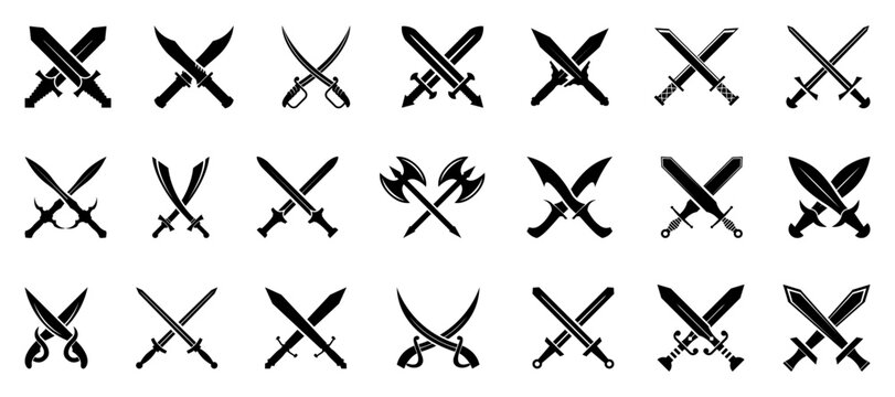 Crossing swords and battle axe collection. Ancient weapon icons. Sword and axe icons