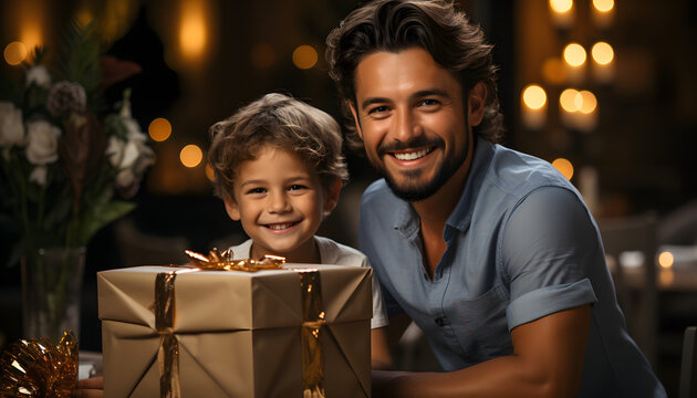 Father and son smiling with a gift 