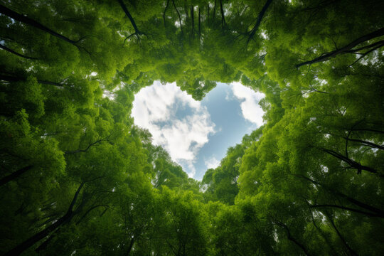 Bottom view of the sky in the forest, heart shape. Beautiful illustration picture. Generative AI