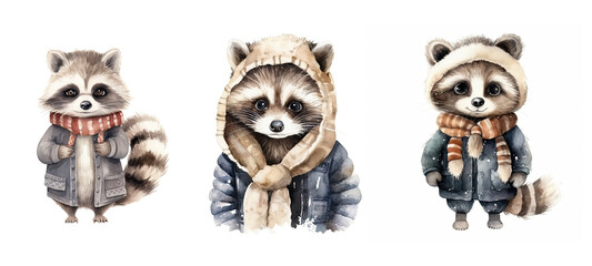 racoon cute raccoon in winter cloth watercolor ai generated