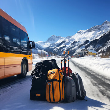 bus in the mountains. travelling for ski, luggage. generative ai
