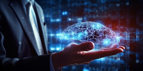 Businessman holding circuit of brain. Beautiful illustration picture. Generative AI