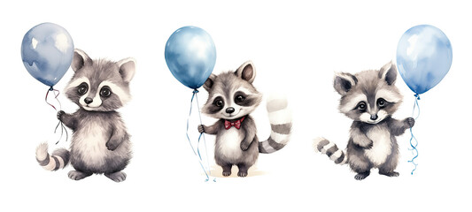 wild cute raccoon with air balloon watercolor ai generated