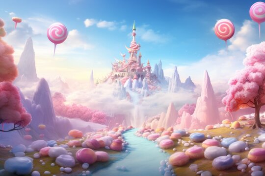 Candy world land. Beautiful illustration picture. Generative AI