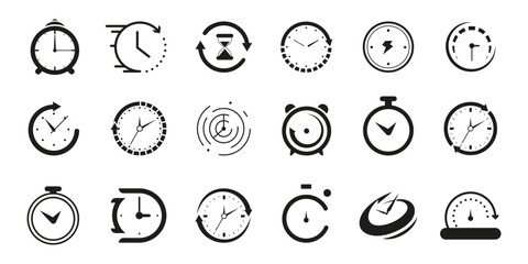 Set of black clock, stopwatch, timer, watch icon. Black clock icon collection - obrazy, fototapety, plakaty
