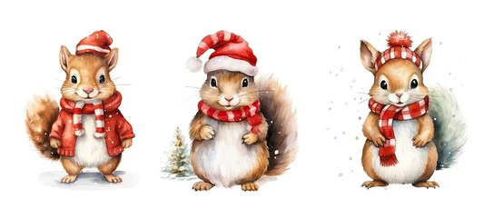 Tuinposter character cute squirrel in christmas cloth watercolor ai generated © sevector