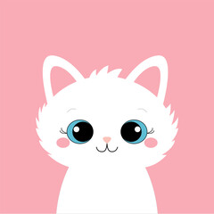 White cat head face silhouette icon. Kitten with blue eyes. Cute cartoon funny baby character. Funny kawaii animal. Pet collection. Sticker print. Flat design. Pink background. Isolated.