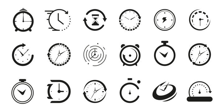 Set of black clock, stopwatch, timer, watch icon. Black clock icon collection