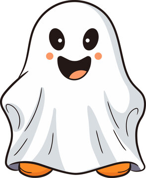 Cute, lovely cartoon white Halloween ghost with smiling face for holiday design object elements concept.