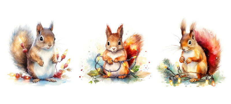 happy cute squirrel in christmas lights watercolor ai generated