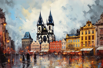 Prague, Czech Republic. Painting postcard AI generated with Stare Mesto, square with dramatic sky, rainy day.