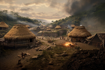 Prehistoric human settlement with people living there, AI generated illustration.