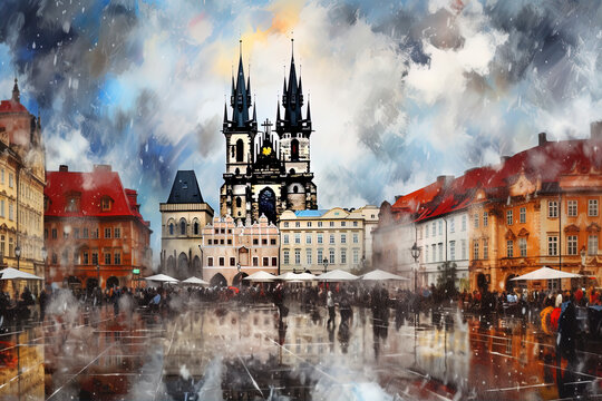 Prague, Czech Republic. Painting postcard AI generated with Stare Mesto, square with dramatic sky, rainy day.