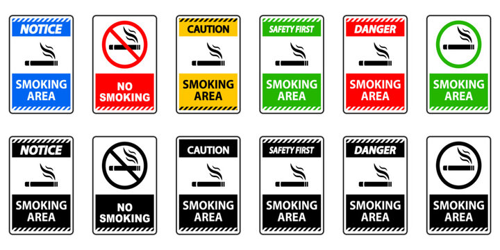 Smoking area, no smoking caution forbidden sign collection