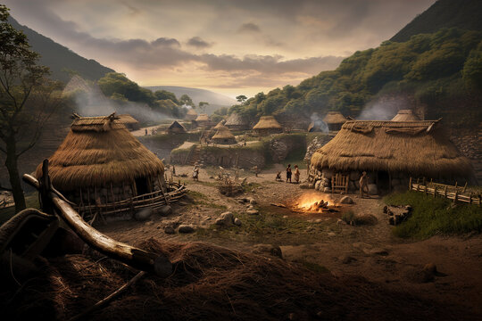 Prehistoric human settlement with people living there, AI generated illustration.