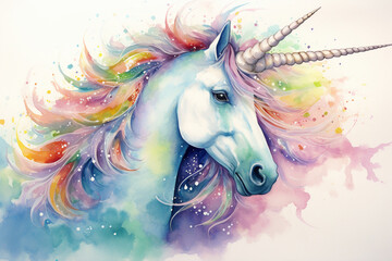 Obraz na płótnie Canvas A whimsical watercolor painting of a unicorn with a rainbow mane, embodying the magical and inclusive spirit of Pride Generative AI