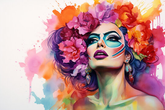A vibrant watercolor portrait of a drag queen, celebrating the artistry and creativity of the LGBTQ+ community Generative AI