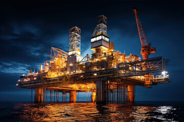 Oil platform on the ocean at night. Offshore drilling for gas and petroleum or crude oil