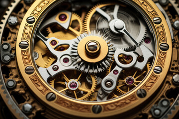 Elegant retro clockwork mechanism with cogs and gears close-up