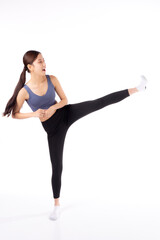 Portrait beautiful young asian woman in sportswear doing practice yoga for relax isolated white background, female exercise and workout training for leisure, sport and health care concept.