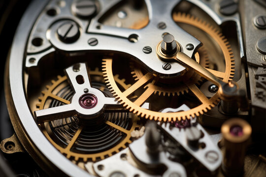Elegant retro clockwork mechanism with cogs and gears close-up