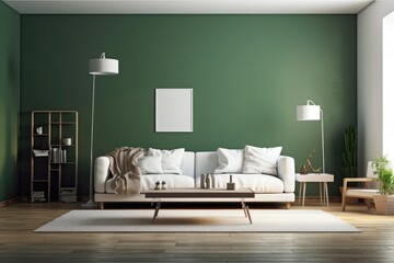 Interior of living room with white leather couch, carpet, floor lamp, and coffee table on hardwood flooring. Blank horizontal poster on green wall. Generative AI