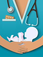 Obstetrics and gynecology background with newborn baby in hand of doctor - obrazy, fototapety, plakaty