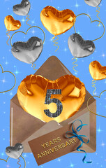 3d illustration, 5 anniversary. golden numbers on a festive background. poster or card for anniversary celebration, party