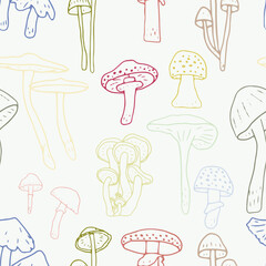 Mushrooms seamless pattern. Edible mushrooms and toadstools. Healthy food background. Autumn forest plants sketches for textiles, wallpaper, coloring, packaging