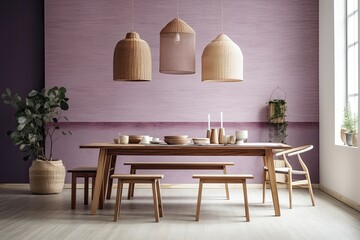 Japanese dining room with a minimalist wooden table in shades of white and purple. Wallpaper wall mockup. interior design that is minimal. Generative AI