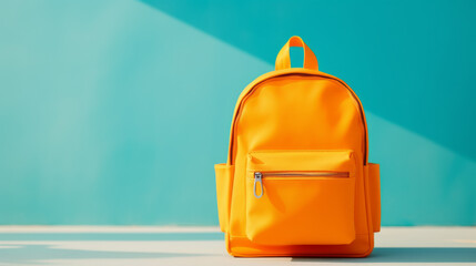 Orange backpack on blue background background with copy space, back to school