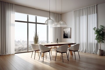 Interior of white dining room with large windows, brown drapes, wooden floor, tall white table, and plush chairs. a wall mounted square poster. a mockup. Generative AI