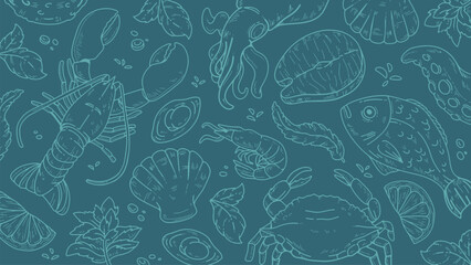 Seafood Line Art Pattern Background Vector Illustration