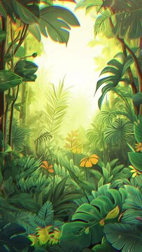 Beautiful tropical rainforest with cliffs and tree. Cartoon or anime watercolor painting illustration style. seamless virtual vertical video animation background.