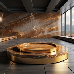 Obraz premium Golden modern product presentation empty marble podium for luxury product. Perfume, beauty products.