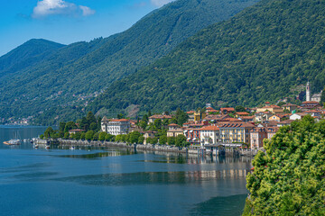Fototapeta na wymiar Cannero Riviera, Lake Maggiore. Panoramic view from the seafront of the old town. Piedmont, Italian Lakes, Italy, Europe