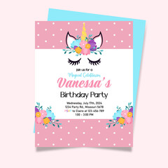 Greeting cards template with floral unicorn. Template for holidays, invitations, business and social media. Bright polka dot pattern. Place for text. Vector illustration.