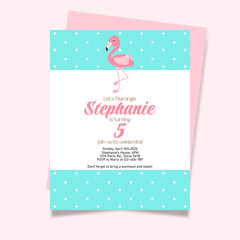 Greeting cards template with flamingo. Template for holidays, invitations, business and social media. Bright polka dot pattern. Place for text. Vector illustration.